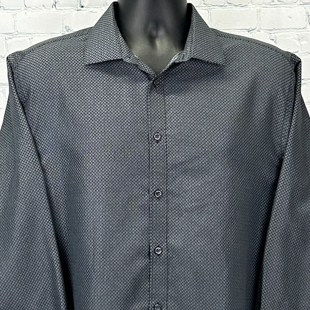 Nicole Miller Button Front Dress Shirt Black Gray Geometric Mens L Large 16-16.5